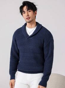 Manfinity Homme Men Plain Minimalist Casual Long Sleeve Collar Sweater - Navy Blue - View 3