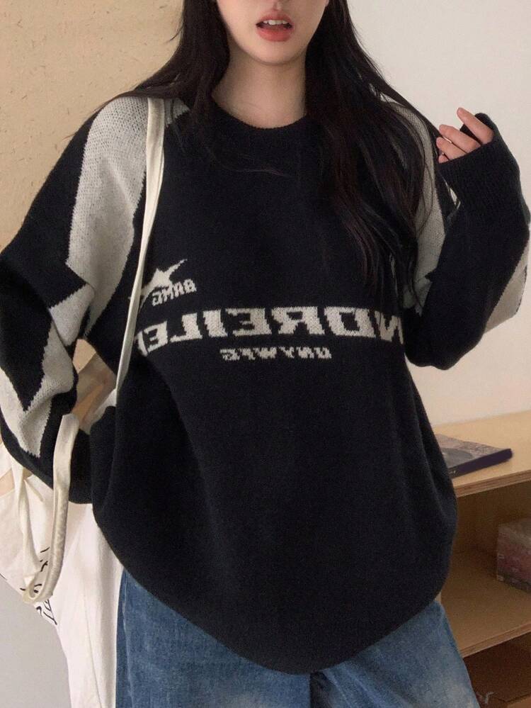 Women's Casual Colorblock Letter Decor Loose Raglan Sleeve Sweater, Autumn/Winter,Three Quarter Sleeve Tops