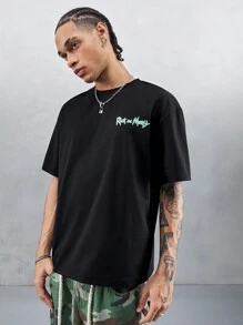 Rick and Morty X SHEIN Camiseta de manga corta holgada con estampado de personaje de dibujos animados y letras, de hombros caídos, casual, de verano para hombre