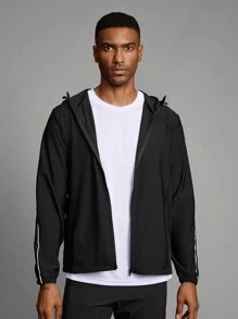 Manfinity Running 男友风格男士纯色长袖拉链连帽运动夹克，4 季 - 黑色 - 查看 8