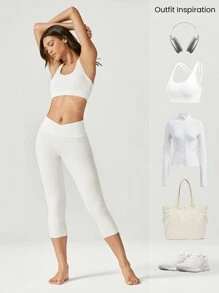 GLOWMODE Legging blanc taille haute avec taille croisée, ligne de hanche en Y, sous-vêtements intégrés résistant à l'écrasement, adapté à l'yoga à faible impact et à l'usage quotidien, 43 cm (17 pouces)