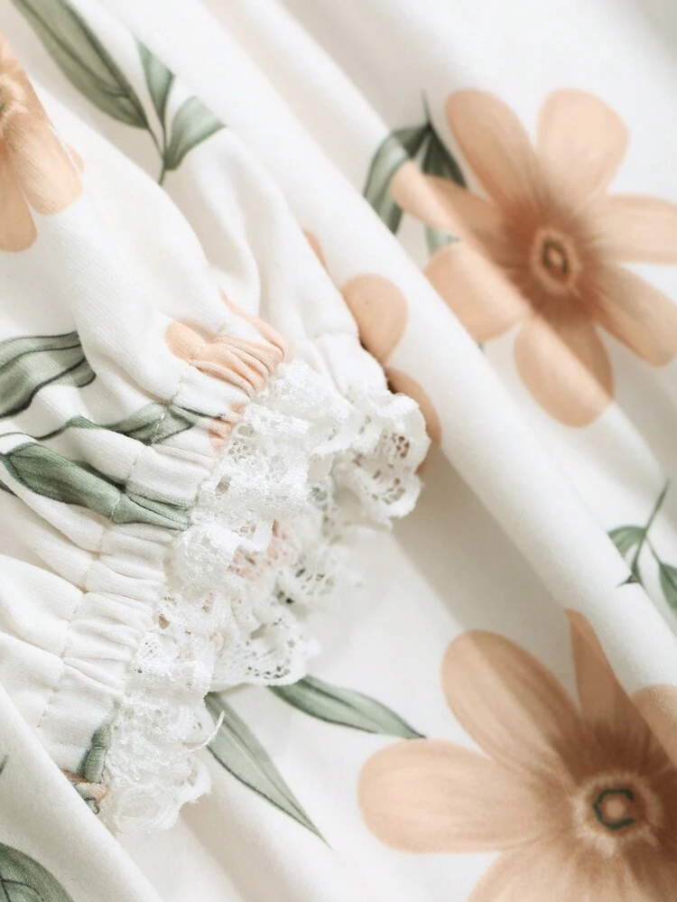 Floral Allover Print Sweet Square Collar Frilled Hem Nightgown Pajama