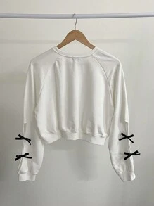 DAZY Women's Solid Color Crew Neck Short Hollow Out Bowknot Decor Sweatshirt,Fall Clothes