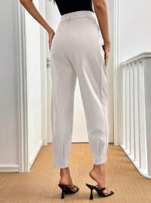 Selianne Women's Elegant Solid Color Pleated Detail Regular Trousers, Autumn - Beige - View 2