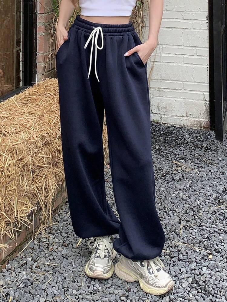 Women Loose Sweatpants With Contrast Color, Drawstring And Butterfly Print Pockets Fall,Winter