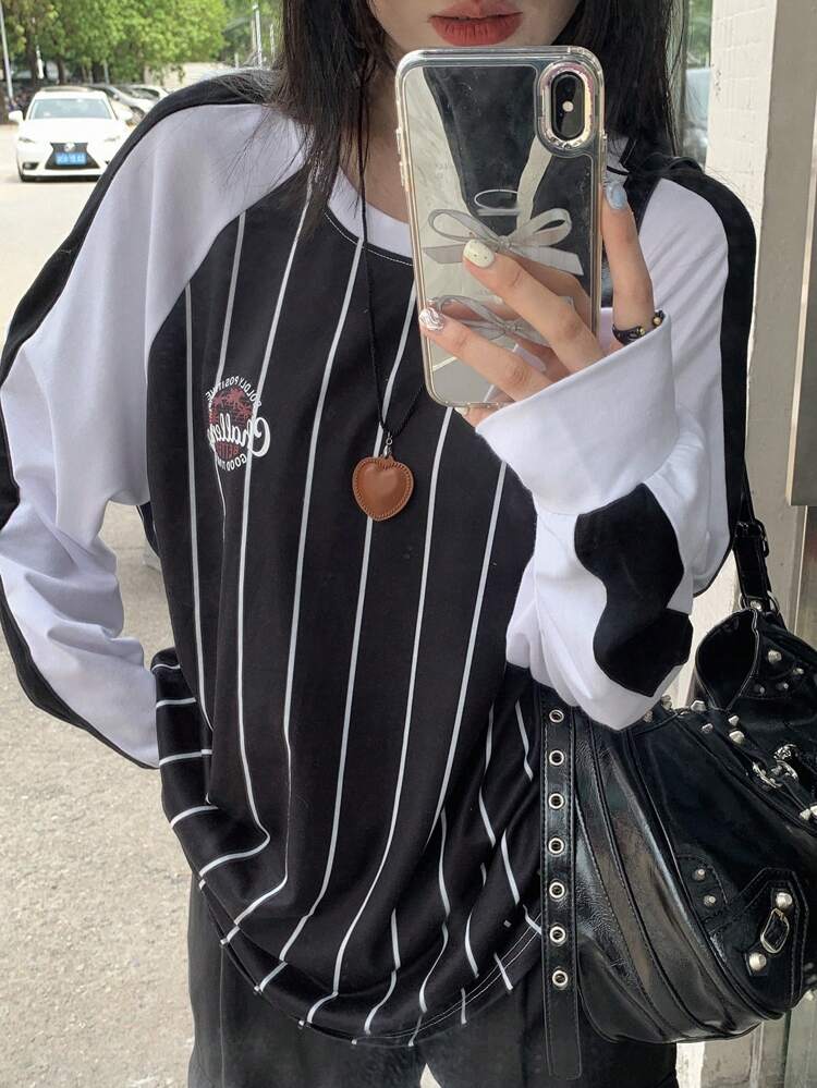 Women's Spring & Autumn Letter & Striped Oversized Crew Neck Long Sleeve Casual Sweatshirt,Fall Women Clothes