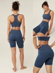 GLOWMODE 7'' Seamless Soft Comfy Tummy Control Shorts Low Impact Yoga Pilates Daily - Blue - View 8