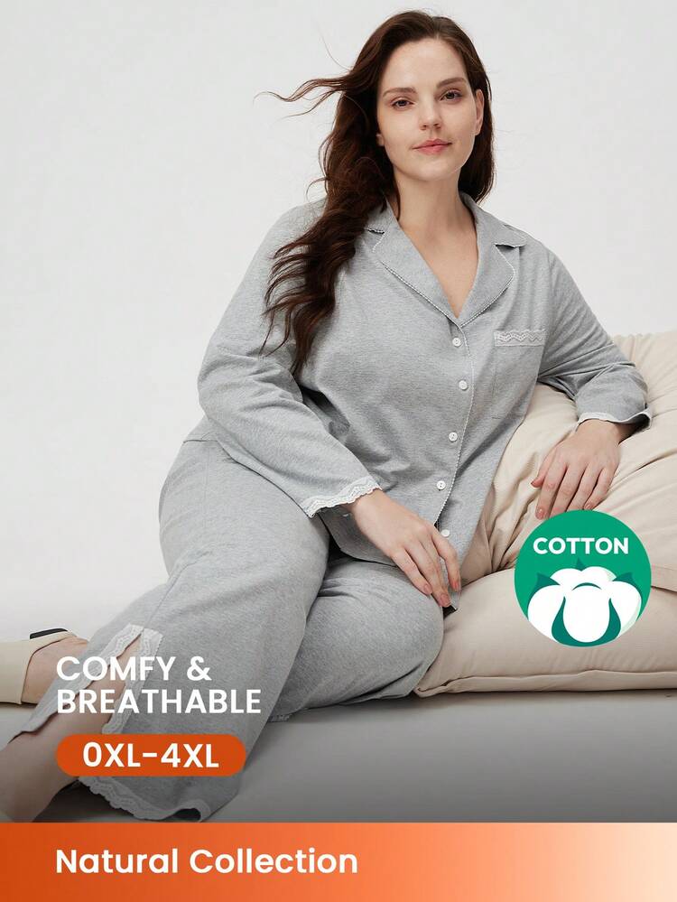 Conjunto de Pijama Feminino Plus Size Macio 100% Algodão Puro para Outono e Inverno, Conjunto de Pijama Longo com Renda, Conjunto de Loungewear, Roupa Íntima, Pijamas de Algodão
