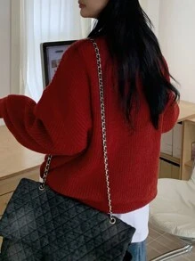 DAZY 纯色圆领长袖简约套头衫秋季毛衣、休闲日常穿着、长袖上衣 - 紅色 - 查看 4