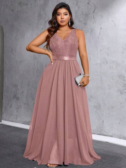 SHEIN Belle Plus Size Solid V-Neck Sleeveless Ruched Waist Pleated Casual Vacation Formal Dress Maxi Women Outfit