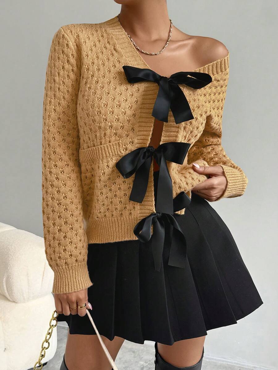 SHEIN LUNE 杏色蝴蝶結裝飾休閒寬鬆女式針織開衫