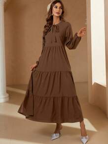 Mulvari Solid Color Front Tie Long Sleeve Ruched Minimalist Long Dress - Casual Daily Wear , Brown Maxi Women Outfit Fall Cloth For Women - Brown - View 3
