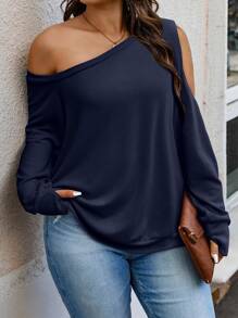 Calvaya 大码纯色斜领长袖不对称领口简约运动衫，日常休闲穿着 - 藏蓝色 - 查看 1