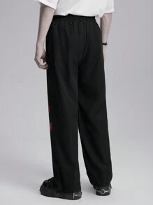 ROMWE MEN Goth Men's Drawstring Waist Graphic Print Slant Pockets Casual Woven Black And Red Pants, For Halloween - Black - View 3
