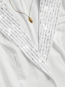 SHEIN Privé Plus Size Elegant Office Commute School Style Rhinestone Embellished Simple Long Sleeve Solid Color Blazer - White - View 3
