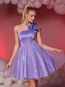 SHEIN Belle Elegant Luxurious Purple Cute Asymmetrical Neck Big Bow High Waist Homecoming Dress, Suitable For Wedding, Graduation, Vacation, Party, Prom Dress, Semi Formal Dress, For Birthday, Wedding Guest
