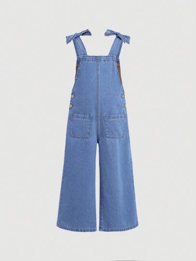 SHEIN Young Girl Blue Denim Wide Leg Dungaree Pants