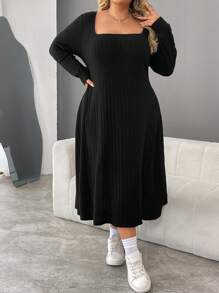 SHEIN CURVE+ Váy len dệt kim gân màu trơn cỡ lớn cho nữ, váy mùa thu - màu đen - Xem 4