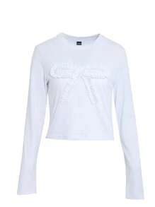 DAZY Women's Solid Color Simple Daily Bow Decor Long Sleeve T-Shirt - White - View 3