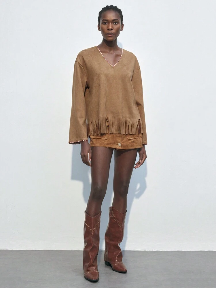 SHEIN Maija Bluzka damska z kontrastowym wykończeniem w kolorze i frędzlami, wiosenno-jesienne bluzki wyjściowe, jesienne ubrania damskie