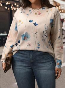 SHEIN LUNE Suéter holgado de cuello redondo con estampado de flores para mujer de talla grande, para invierno