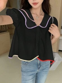 EastFlair 宽松休闲翻领拼色短款泡泡袖衬衫