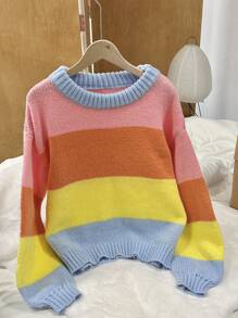 SHEIN Unity Women Colorblock Round Neck Batwing Long Sleeve Loose Sweater, Fall/Winter Knit Pullover - Multicolor - View 4