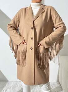 SHEIN Essnce Chaqueta informal de mezcla de lana con flecos para mujer, abrigo de lana natural con flecos crudos para mujer, otoño e invierno - Caqui - Ver 2