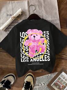 SHEIN EZwear Bộ 3 Áo thun ngắn tay cổ tròn in hình gấu cười đơn giản, thoải mái cho nữ, màu đen/xám/hồng, thích hợp cho mùa hè - Nhiều màu - Xem 5