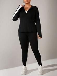 SHEIN Rhythm Era 大码女式 V 领长袖上衣和裤子，运动夜跑套装，健身女士套装 - 彩色 - 查看 6