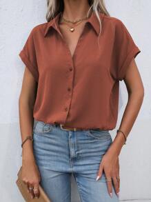 EMERY ROSE Áo sơ mi tay cánh dơi màu nâu đơn giản, rộng rãi cho nữ, mùa hè và mùa thu - Rỉ Nâu - Xem 7