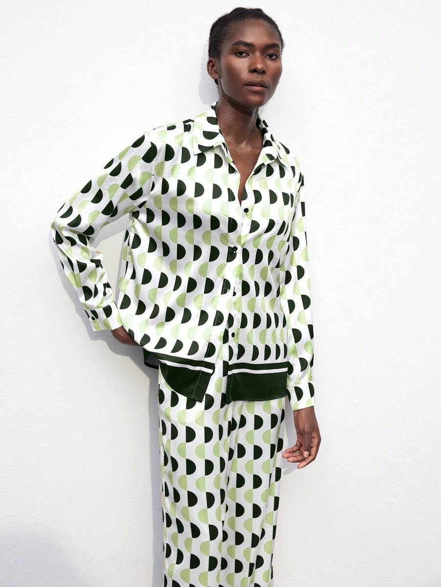 Maija 女士宽松长袖几何印花衬衫，秋季 - 綠色 - 查看 1