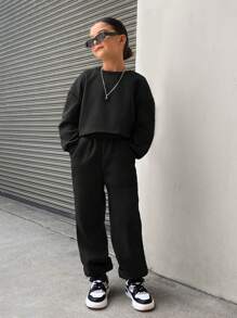 SHEIN 2 件套 Tween 女童宽松复古短款圆领运动衫和纯色运动裤套装 - 黑色 - 查看 3