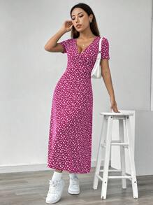 SHEIN PETITE Women's V-Neck Short Sleeve Floral Maxi Casual Dress (Random Cut) - Multicolor - View 4