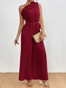 Chiquease 女士优雅纯色单肩褶皱连体裤，夏季 - 酒紅色 - 查看 4