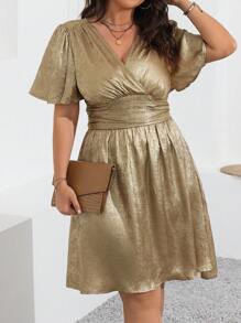SHEIN Clasi Plus Size Women's Solid Color Simple Daily Short Sleeve Dress For New Year Holiday Party Clothes - Gold - View 3