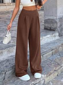EURMUSE Women Linen Beige Wide Leg Pants - Coffee Brown - View 7