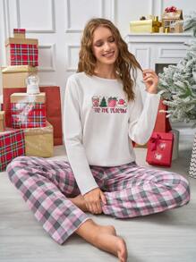 RueChic Cotton 2Pcs  Cute New Year Trees Printed Shirt And Plaid Printed Sleep Bottom Christmas PJ Set - Multicolor - View 3