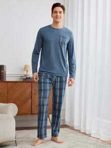Men 2pcs Set: Crew Neck Long Sleeve Top Top And Plaid Design Fashionable Pants, Casual Pajama Set, Fall Winter Clothes - Baby Blue - View 4