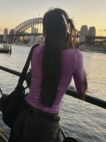 DAZY 女式纯色纽扣半襟长袖修身T恤，春夏秋装 - 紫色 - 查看 2