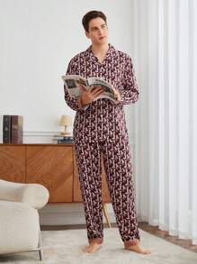 Men's Letter Print Long Sleeve Shirt And Pants Home Wear Set - Multicolor - View 8