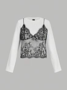 SHEIN MOD Áo thun dài tay cổ tròn phối ren cho nữ, mặc thường ngày - Đen và trắng - Xem 1