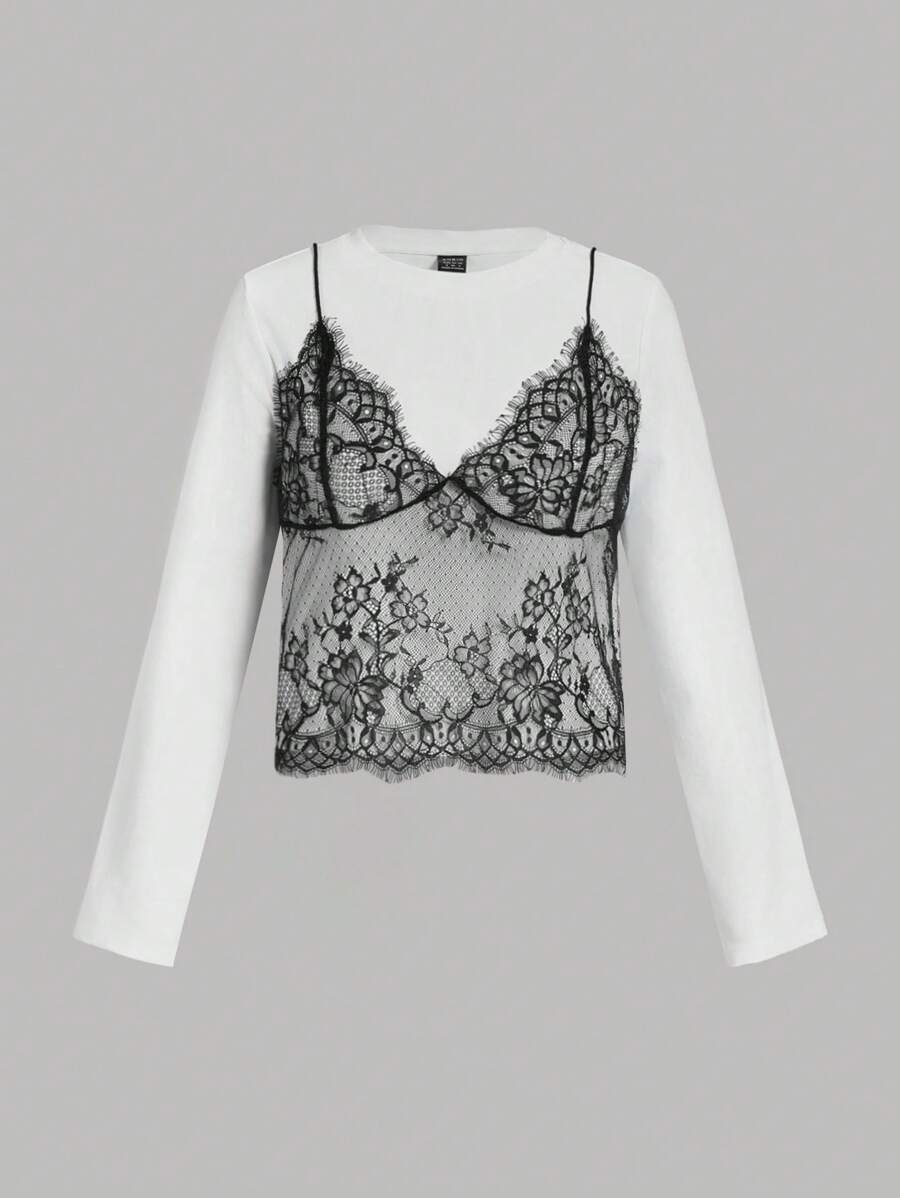 SHEIN MOD Áo thun dài tay cổ tròn phối ren cho nữ, mặc thường ngày - Đen và trắng - Xem 1