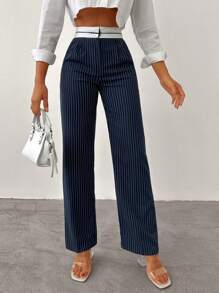 EURMUSE Striped Print Slant Pocket Straight Leg Suit Pants - Navy Blue - View 3