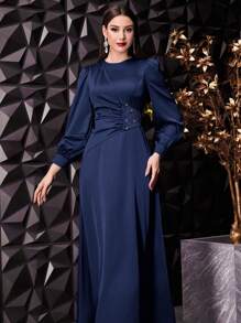 Veilorie 女士褶皱泡泡袖连衣裙，优雅晚宴礼服长款晚礼服 - 藏蓝色 - 查看 3