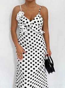 Celure Plus Size Women Elegant 3D Floral Decor Ruffle Hem Polka Dot Slip Dress - White - View 1