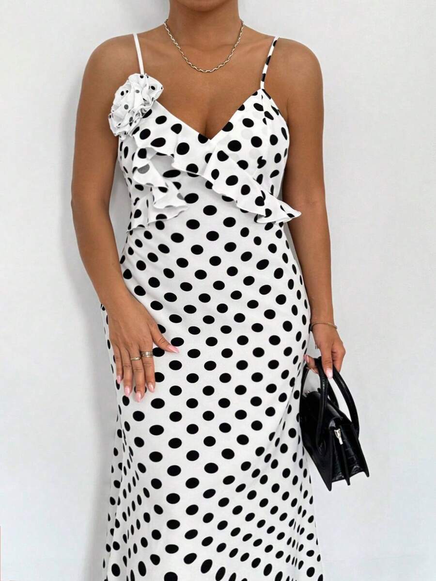 Celure Plus Size Women Elegant 3D Floral Decor Ruffle Hem Polka Dot Slip Dress - White - View 1