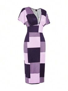 EMERY ROSE Đầm Maxi Tay Ngắn Cổ Chữ V Sâu In Họa Tiết Kẻ Sọc Cho Nữ Trang Phục Nữ - Màu tím - Xem 5