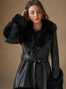 Anewsta Thickened Shearling Fur-Trimmed Fluffy Fluffy Cinched Waist Regular Women Jacket - Black - View 7