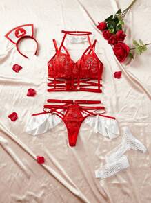 SHEIN 性感护士服，包括短款上衣、荷叶边内裤、头饰和过膝长袜，女士内衣套装，万圣节 - 紅色 - 查看 6